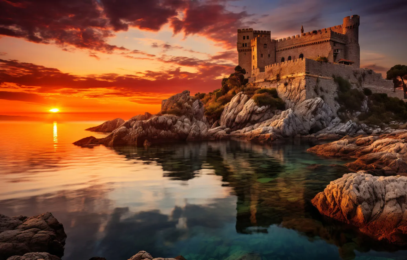 Photo wallpaper sea, the sky, sunset, clouds, castle, rocks, landscape, sunset
