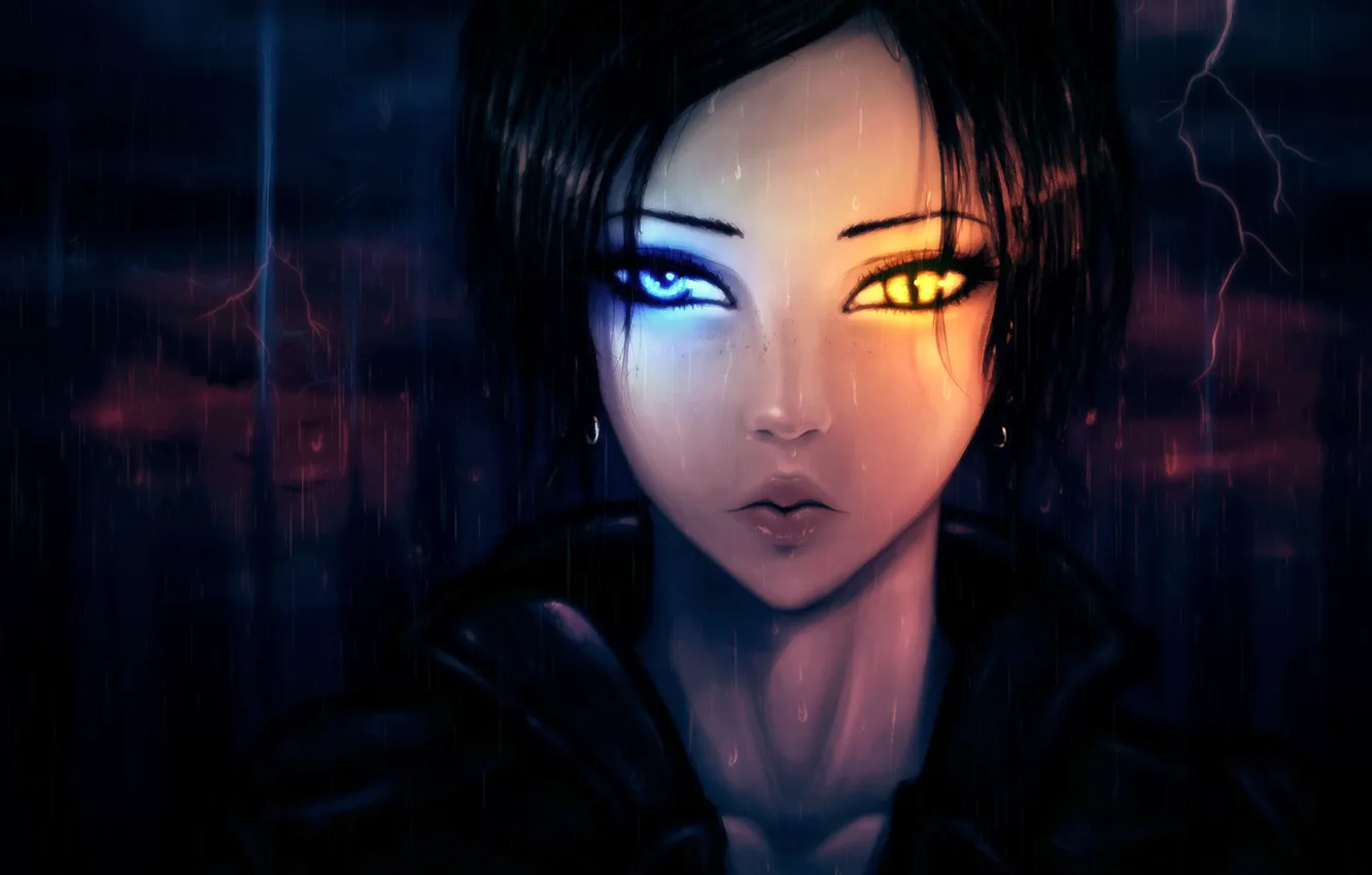 Photo wallpaper girl, rain, lightning, anime, art, heterochromia, soranamae
