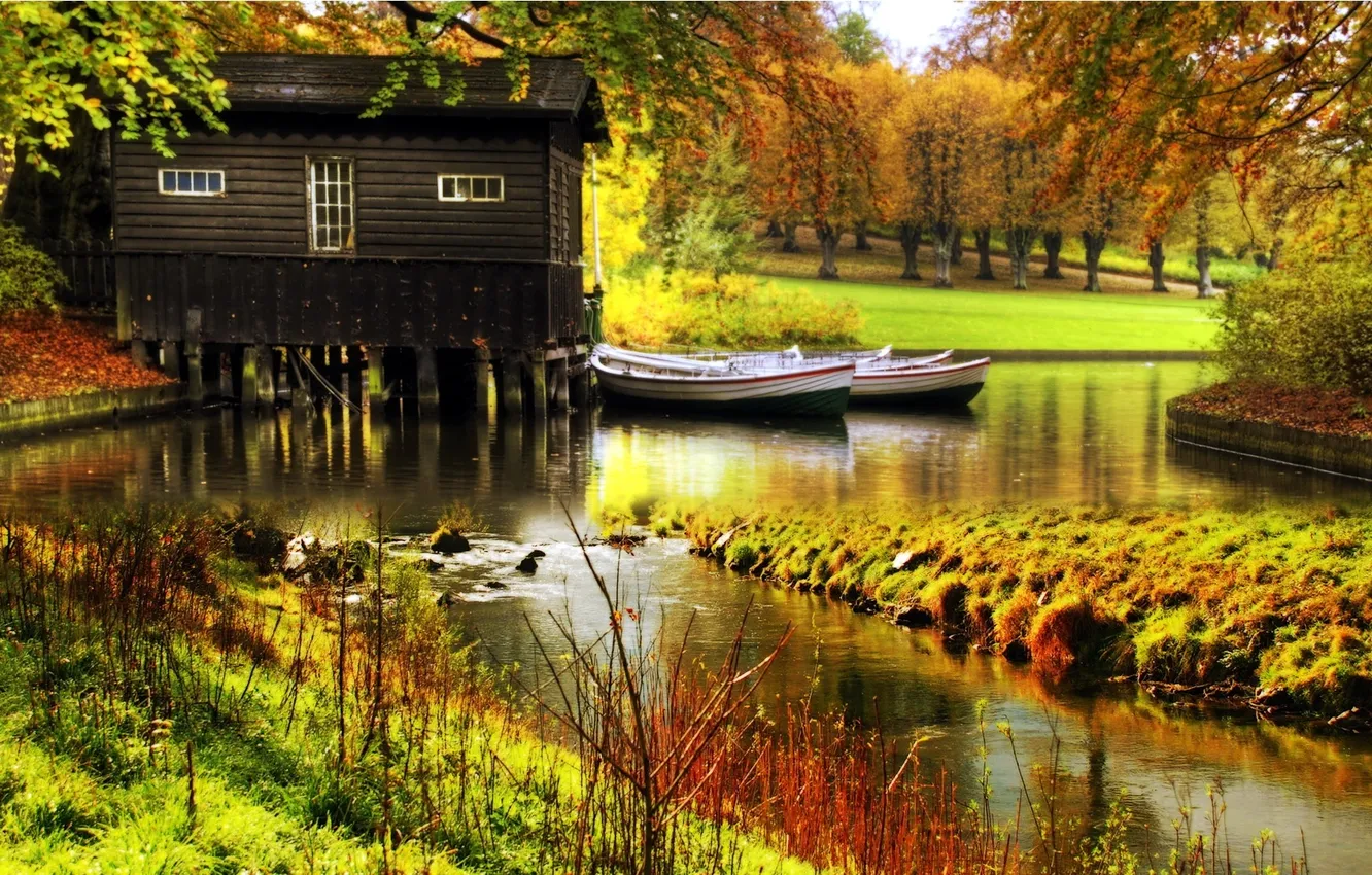 Photo wallpaper Autumn, Wald, Boote, Fluss, Boat house