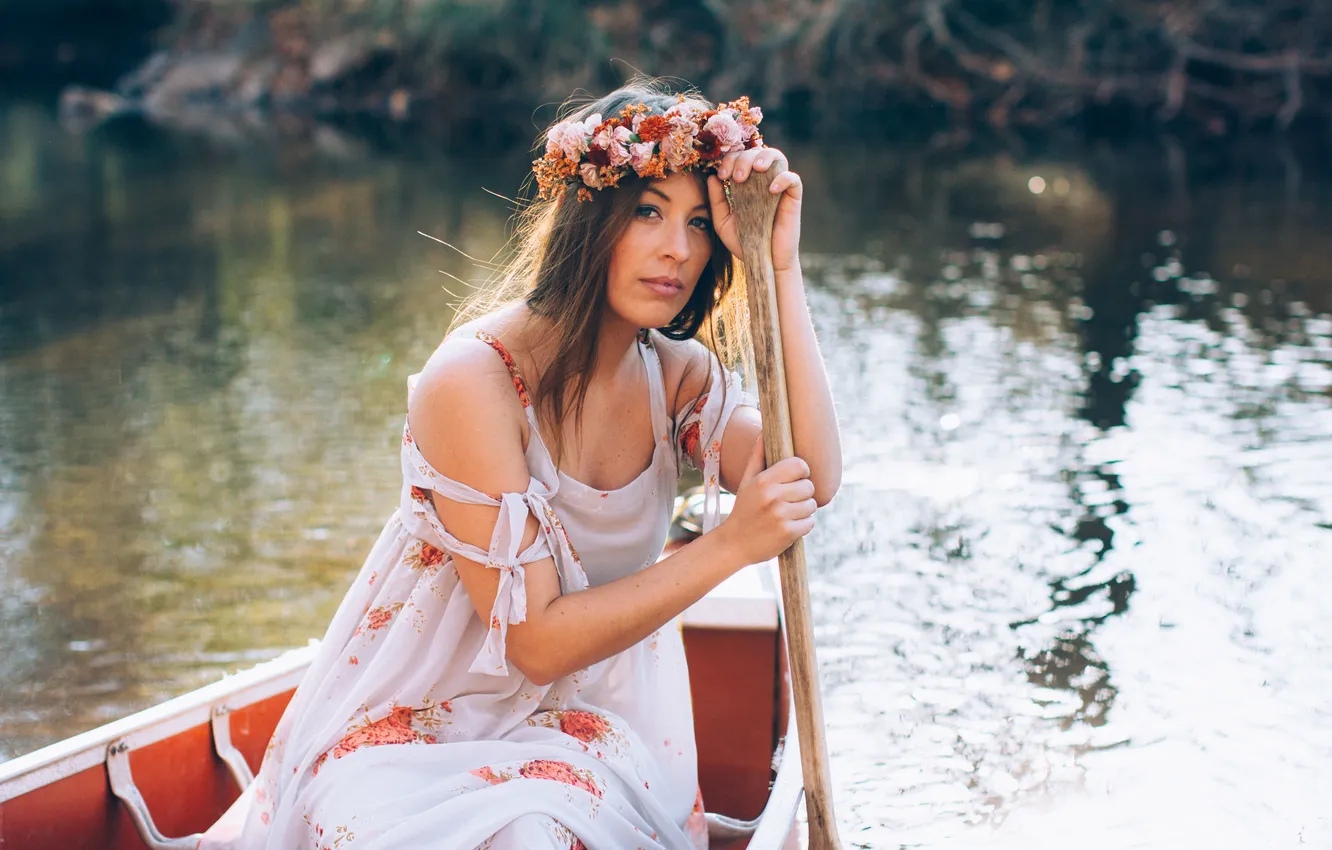 Photo wallpaper girl, lake, reflection, boat, hair, dress, lips, paddle