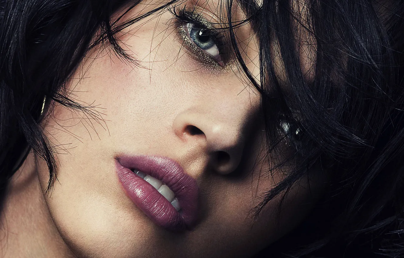Photo wallpaper eyes, look, face, Megan Fox, makeup, lips, hair, strands