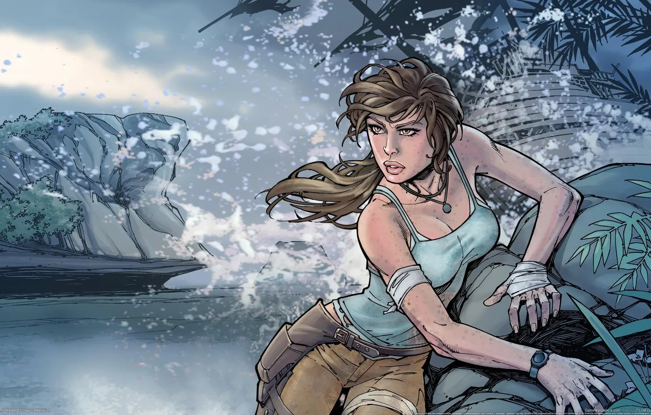 Photo wallpaper sea, girl, squirt, figure, Tomb Raider, bandages, 15-year celebration