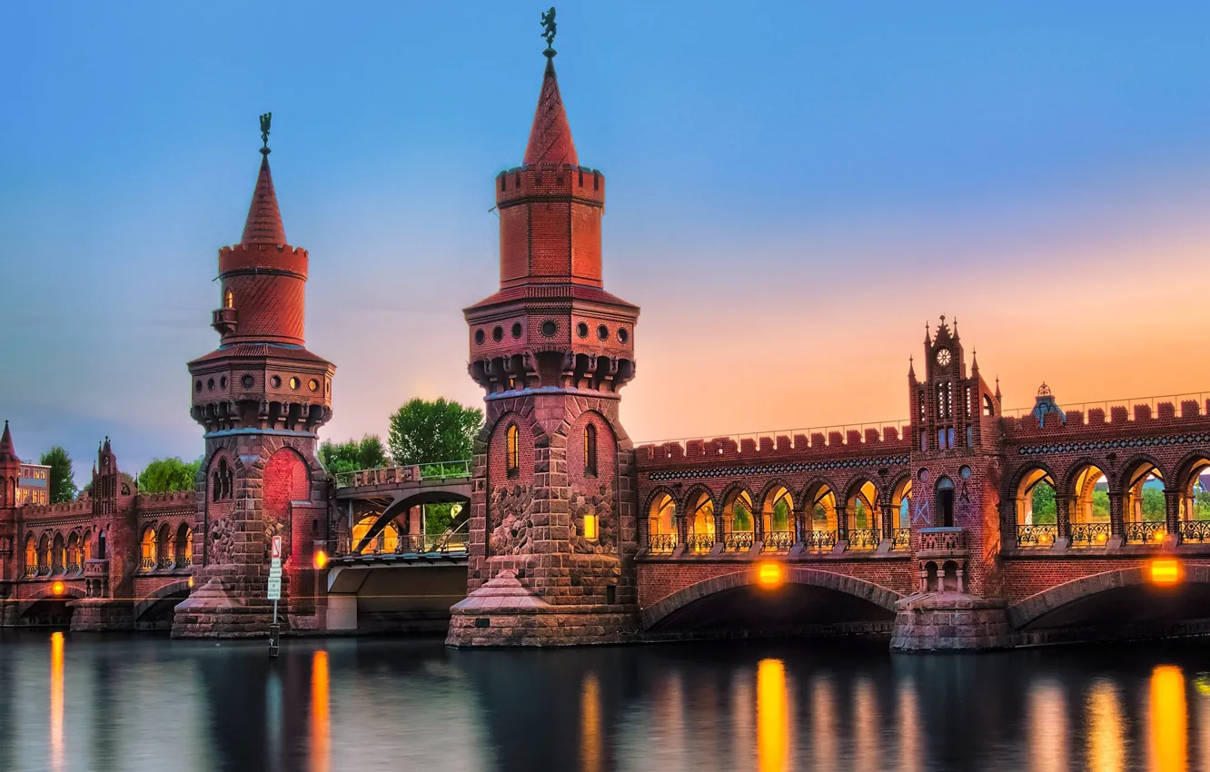 Photo wallpaper bridge, the city, river, the evening, Germany, lighting, backlight, Germany