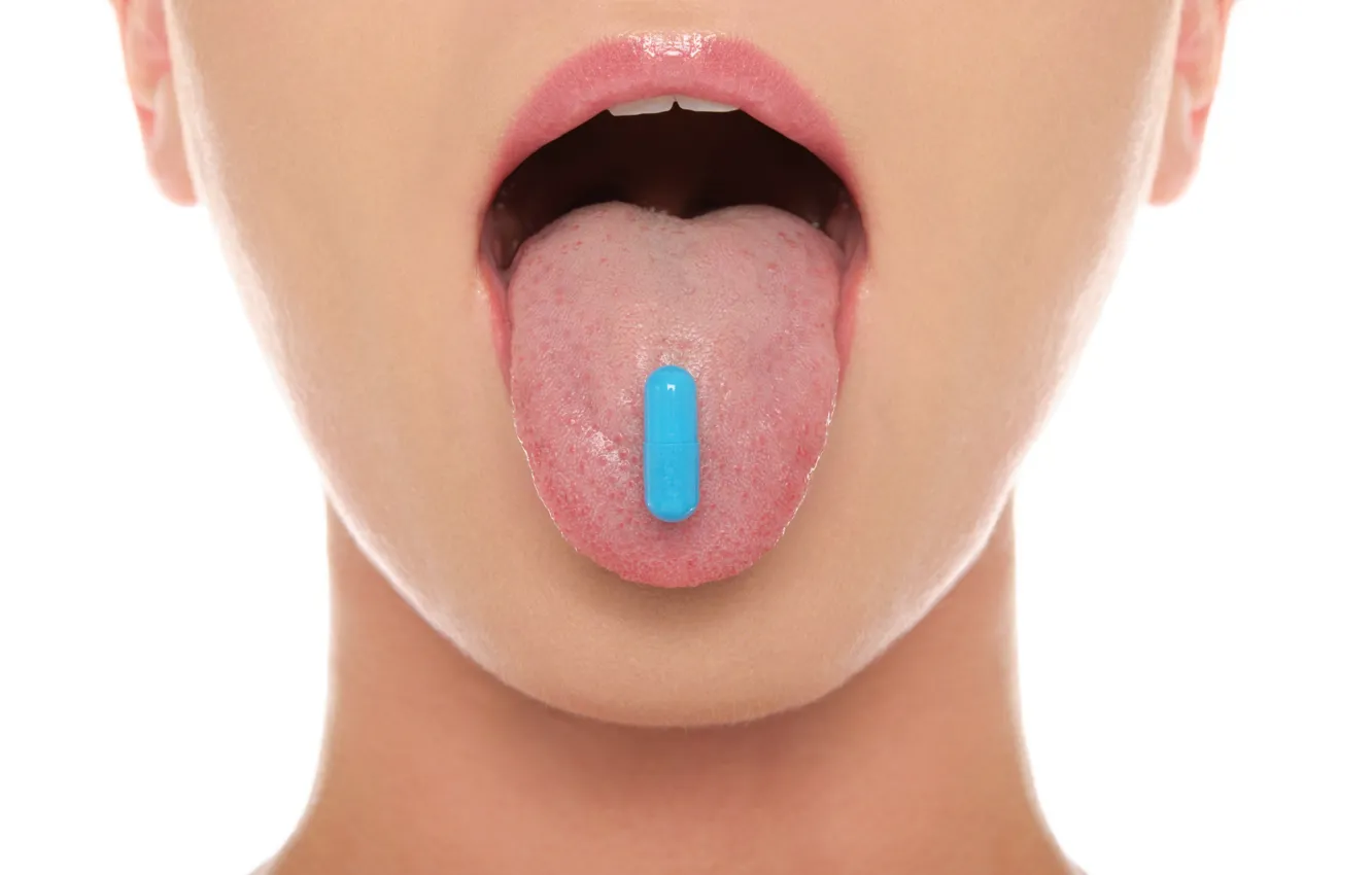 Photo wallpaper woman, drug, tongue, pill
