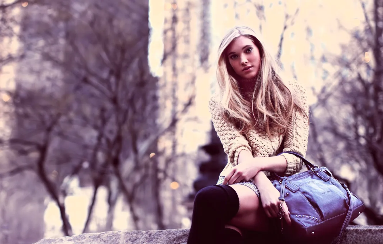 Photo wallpaper trees, the city, model, home, stockings, blonde, bag, sweater