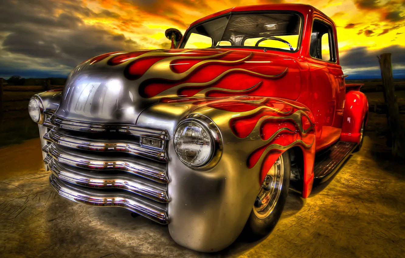 Photo wallpaper fire, flame, car, Hot Rod, classic