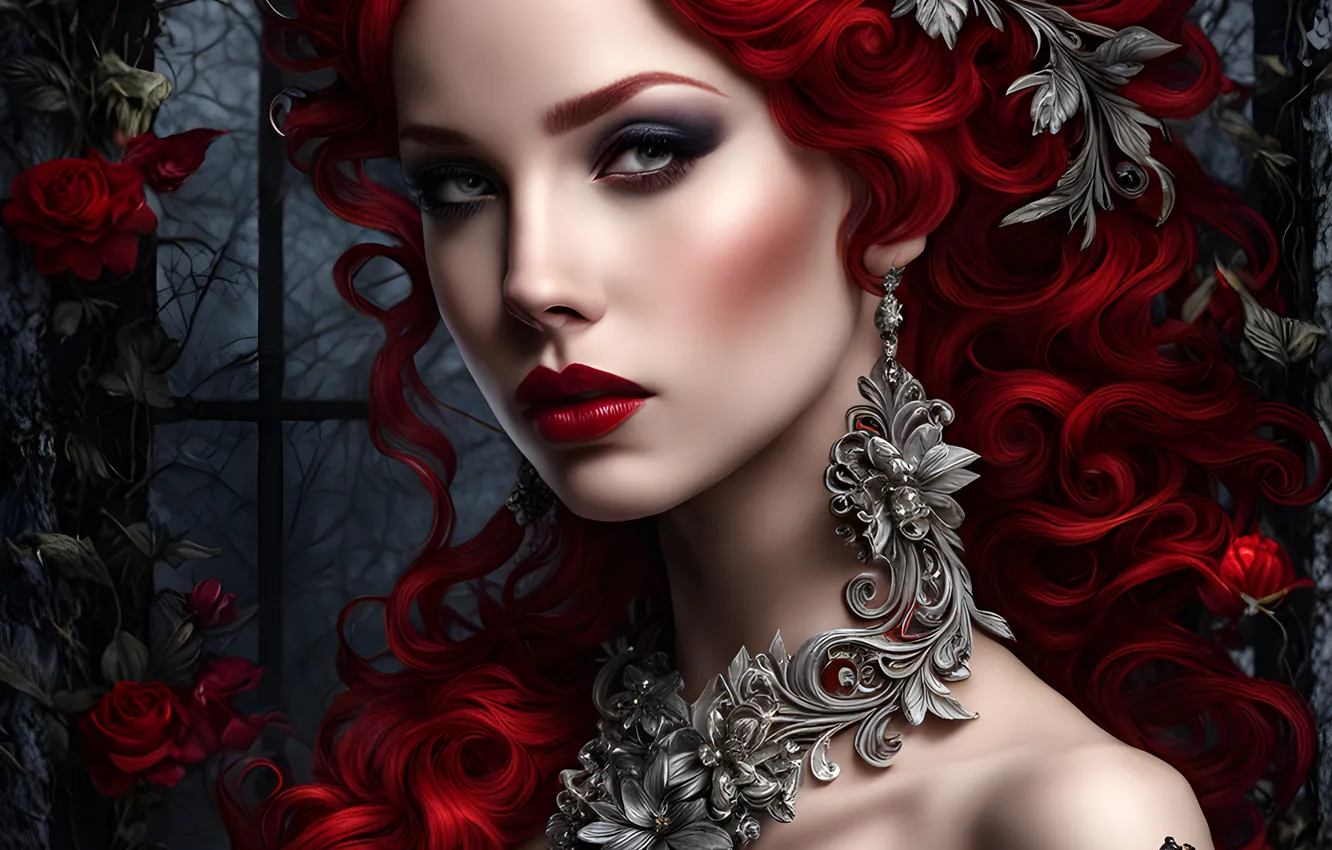 Photo wallpaper look, girl, decoration, flowers, face, pose, portrait, roses