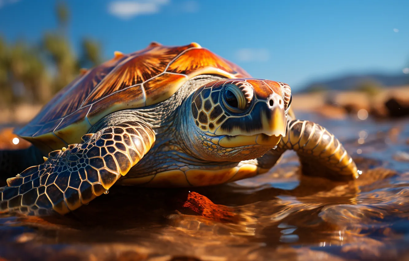 Photo wallpaper look, water, turtle, sea turtle, AI art, neural network
