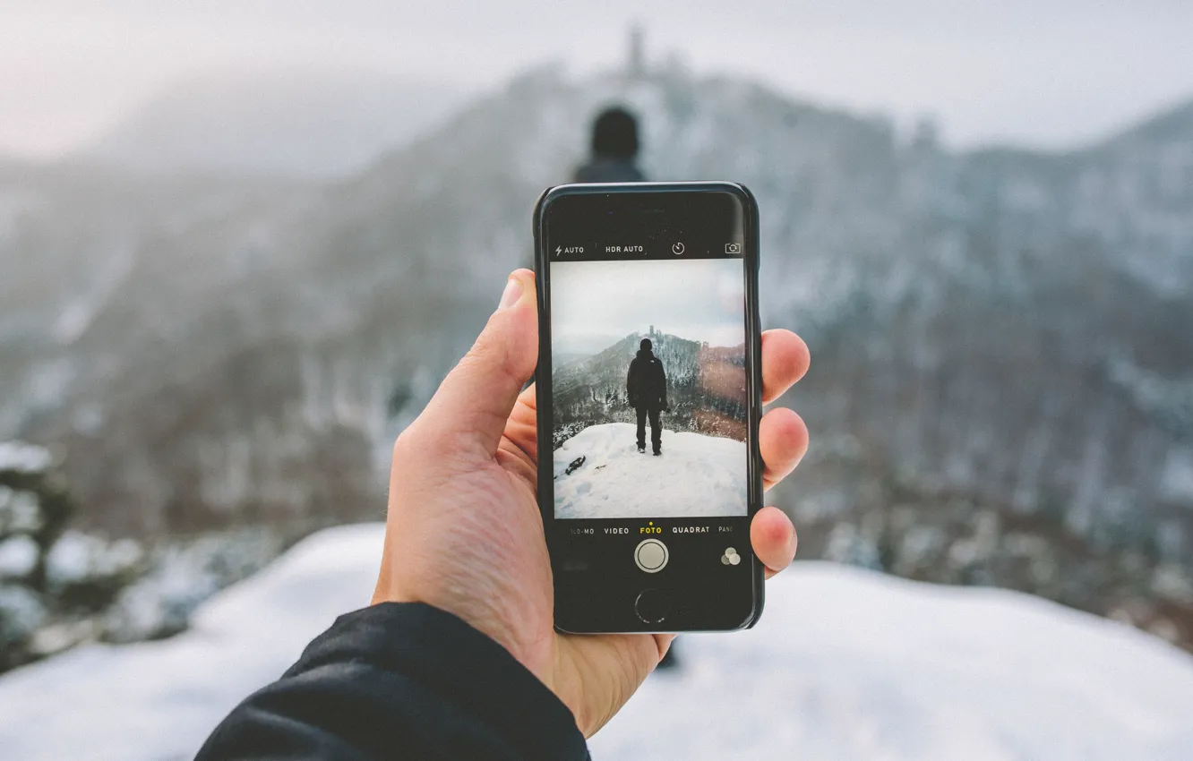 Photo wallpaper winter, snow, landscape, mountains, photo, iPhone, hand, hood
