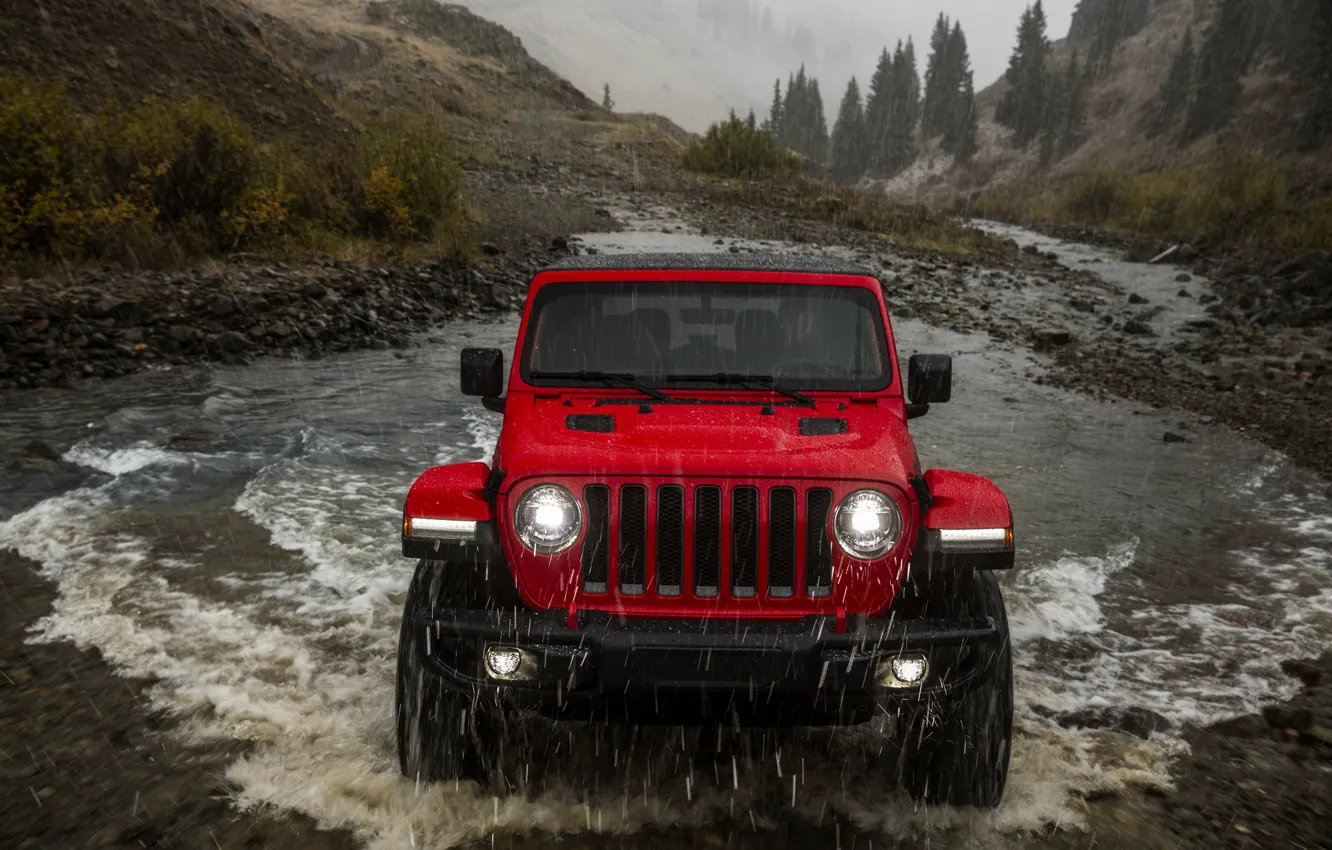 Photo wallpaper red, stream, rain, the front, 2018, Jeep, Wrangler Rubicon