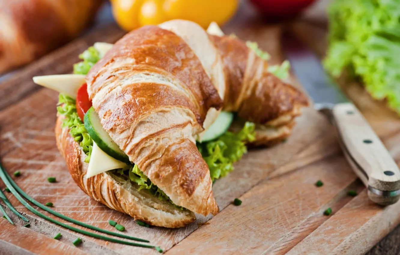 Photo wallpaper greens, cucumbers, croissant, sandwiches