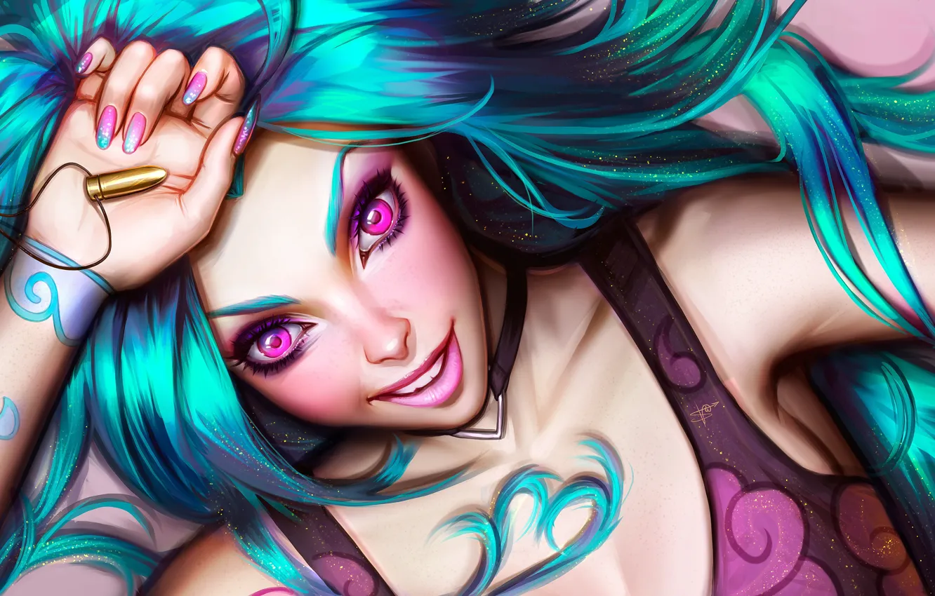 Photo wallpaper girl, fantasy, game, purple eyes, League of Legends, digital art, bullet, artwork