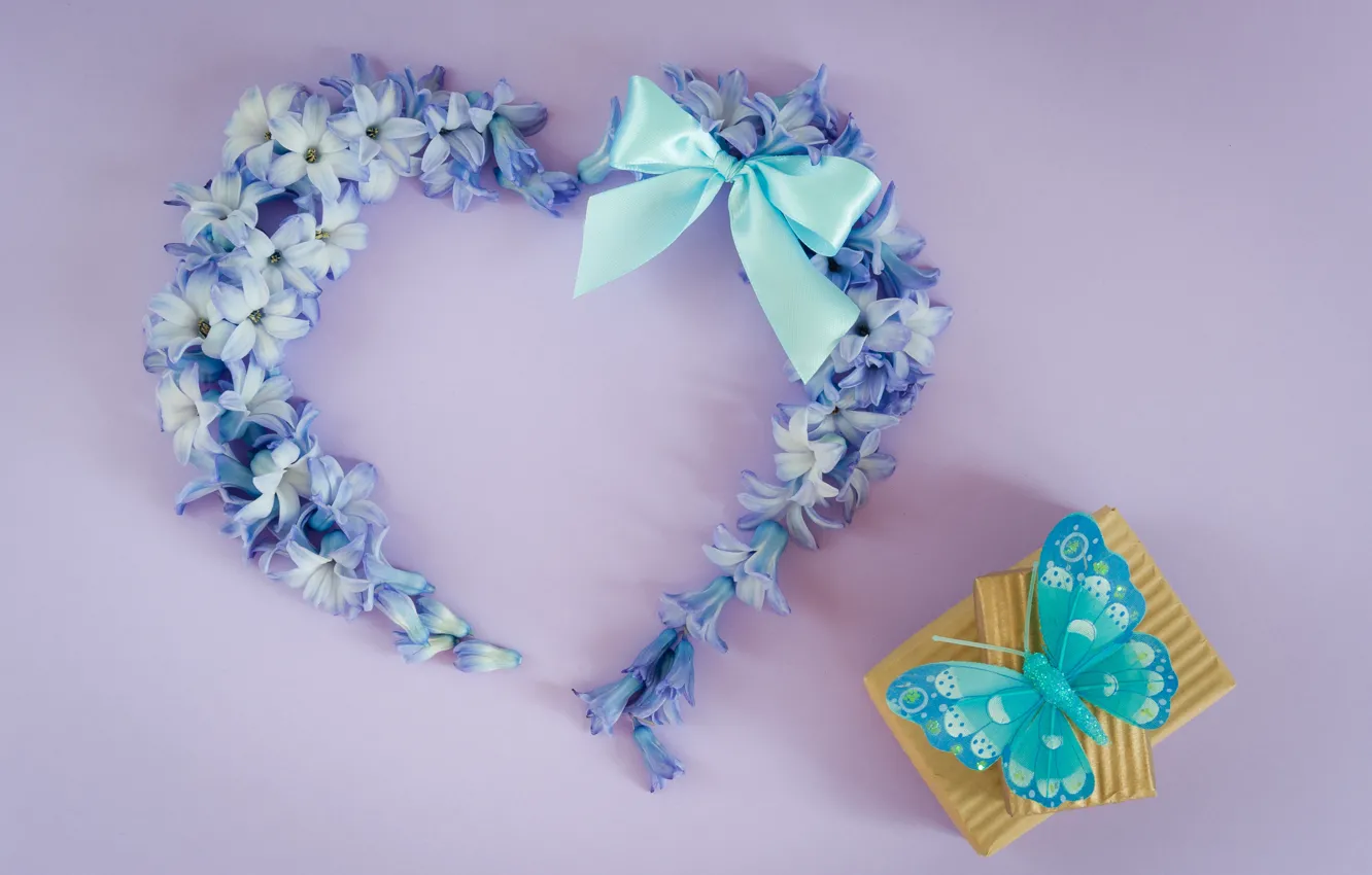 Photo wallpaper love, flowers, gift, butterfly, heart, love, heart, blue