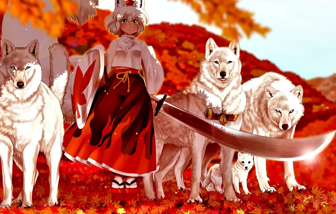 Photo wallpaper sword, girl, wolves