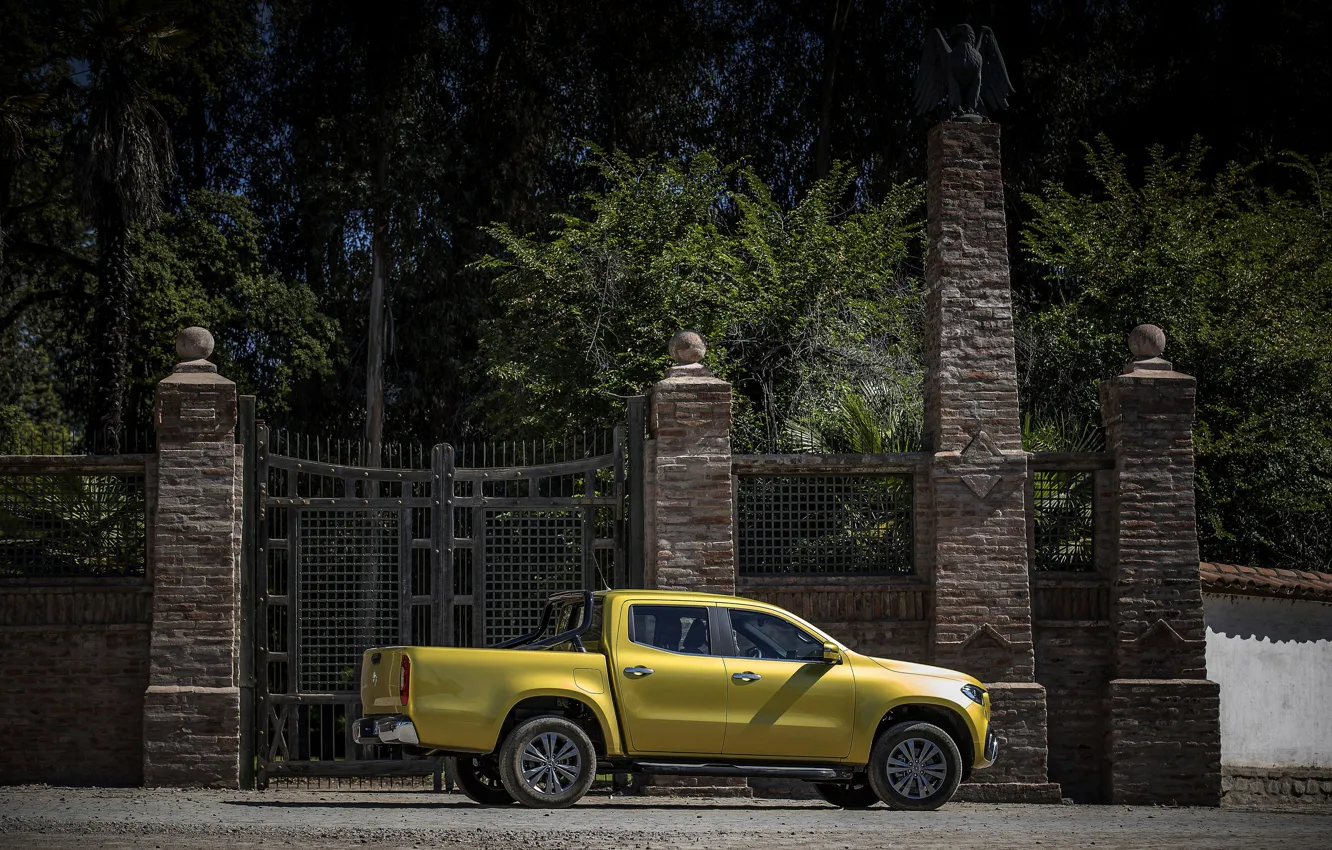 Photo wallpaper trees, yellow, the fence, Mercedes-Benz, gate, pickup, 2017, X-Class