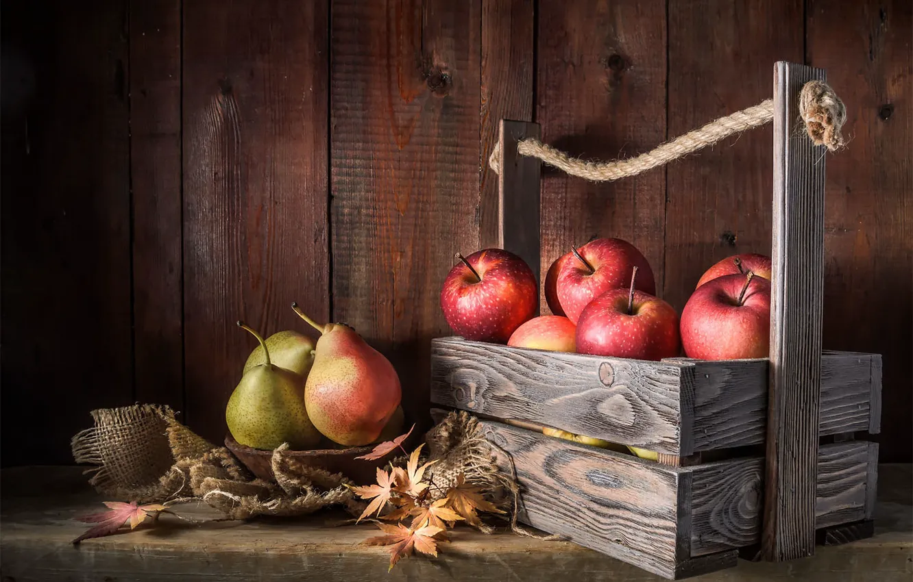Photo wallpaper leaves, table, apples, Board, rope, bowl, fruit, still life