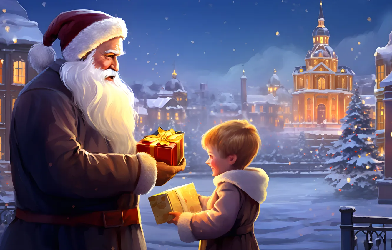 Photo wallpaper winter, snow, children, gift, new year, home, boy, Christmas