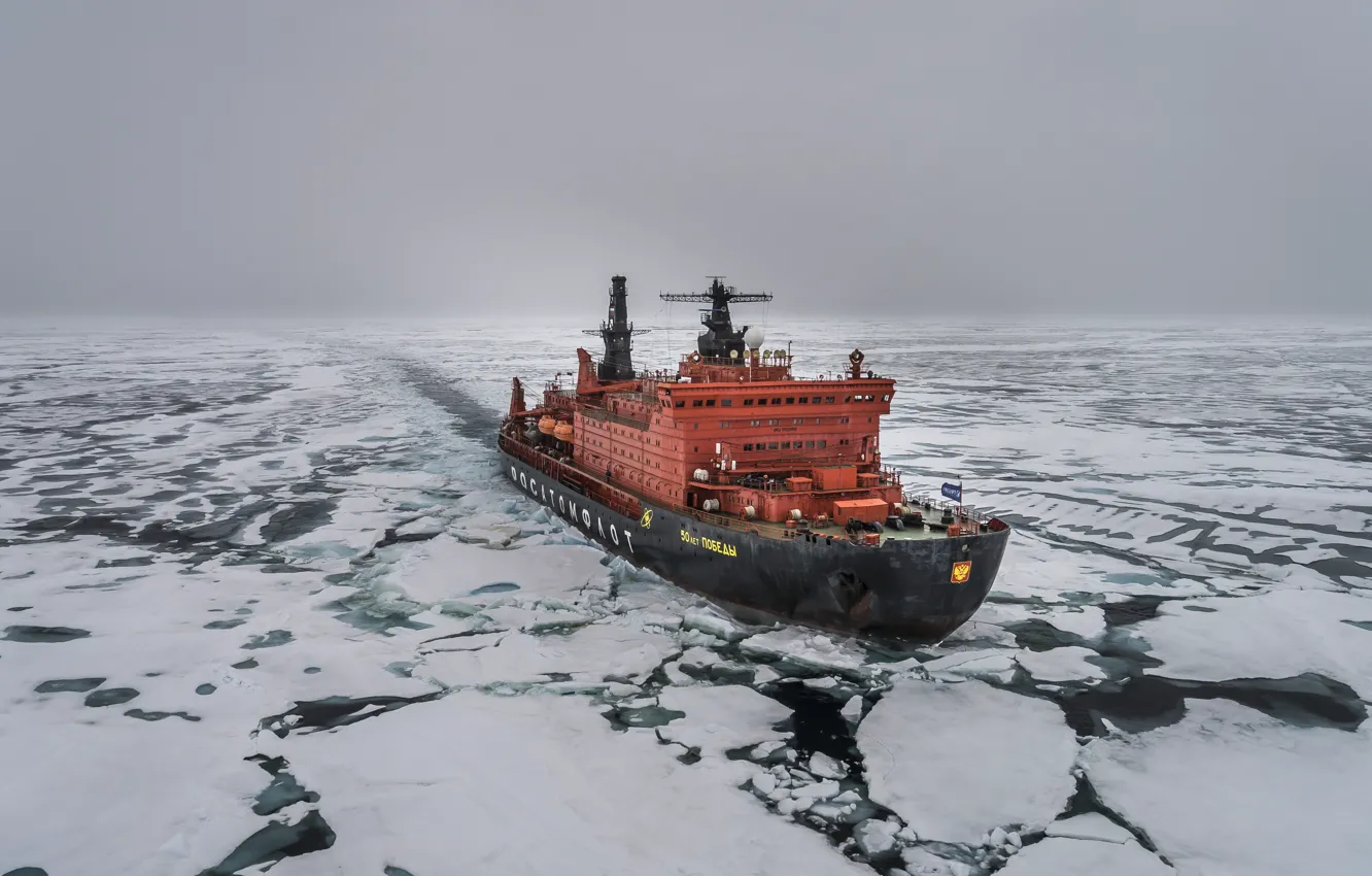 Photo wallpaper The ocean, Sea, Ice, Icebreaker, The ship, Russia, Ice, 50 years of Victory