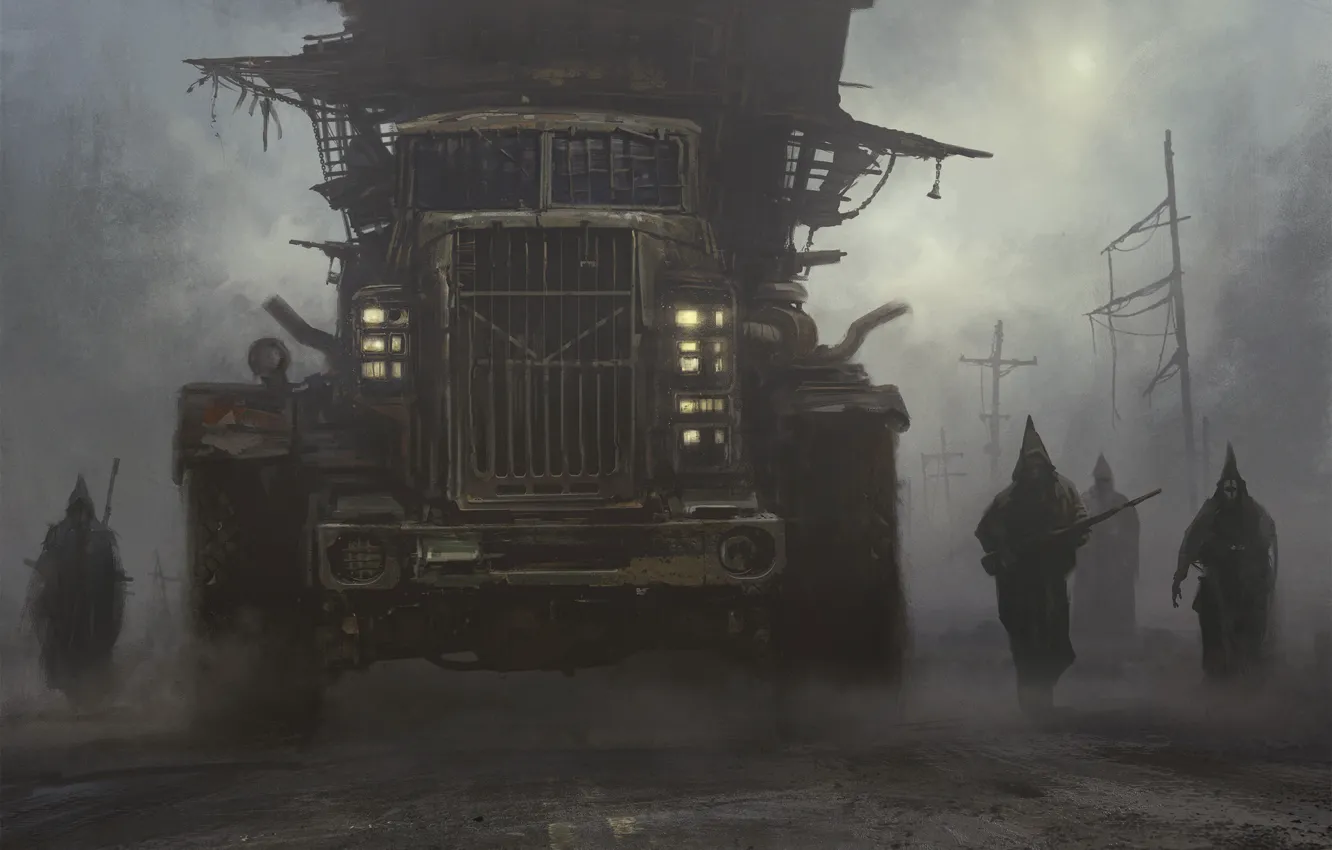 Photo wallpaper road, fog, people, car, Post-apocalyptic inquisition