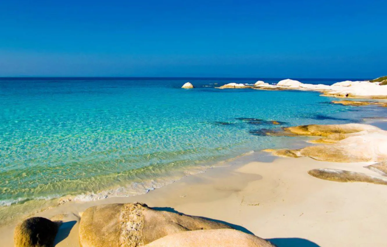 Photo wallpaper sand, sea, shore, beach, sea, blue, sand, horisont