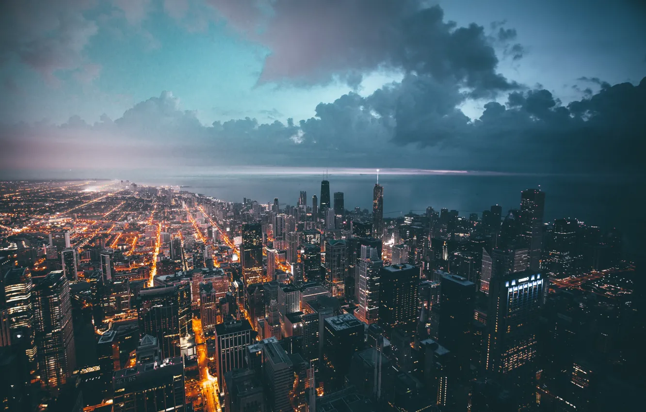 Photo wallpaper clouds, the city, lights, the evening, Chicago, USA