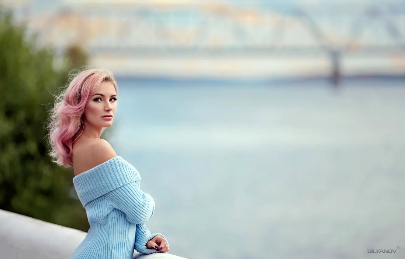 Photo wallpaper look, bridge, river, background, model, portrait, makeup, dress