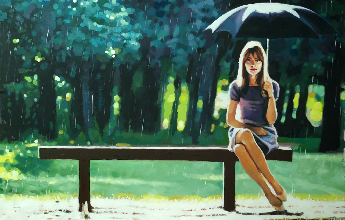 Photo wallpaper greens, girl, trees, bench, Park, rain, mood, umbrella