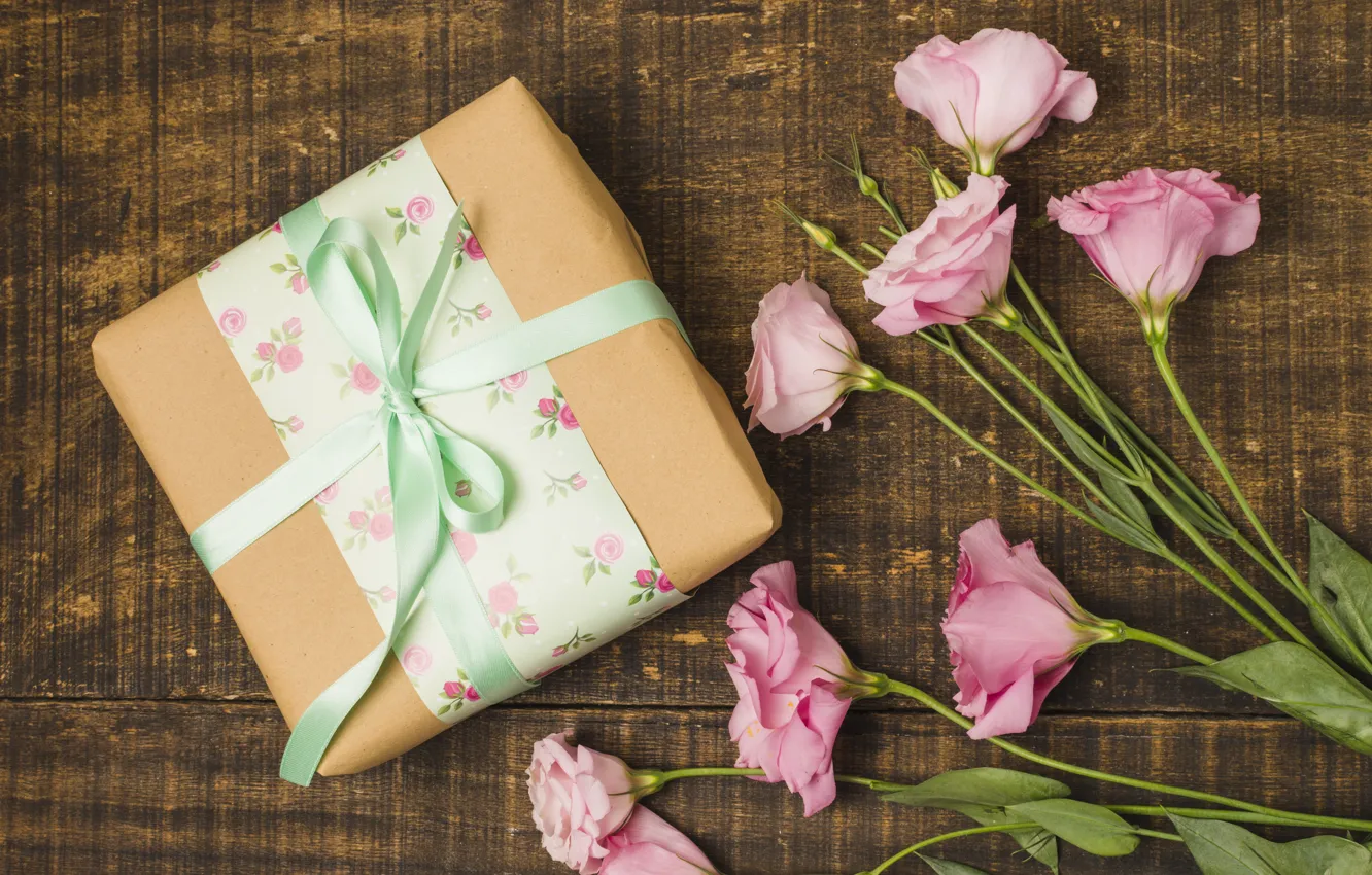 Photo wallpaper flowers, gift, pink, pink, flowers, eustoma, gift box, eustoma