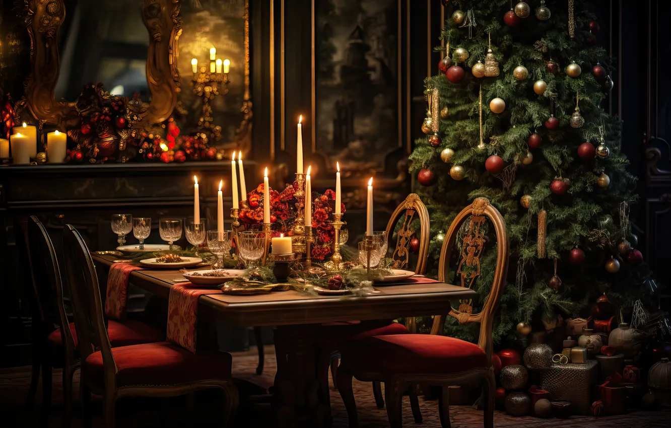 Photo wallpaper decoration, table, room, gift, tree, new year, interior, candles