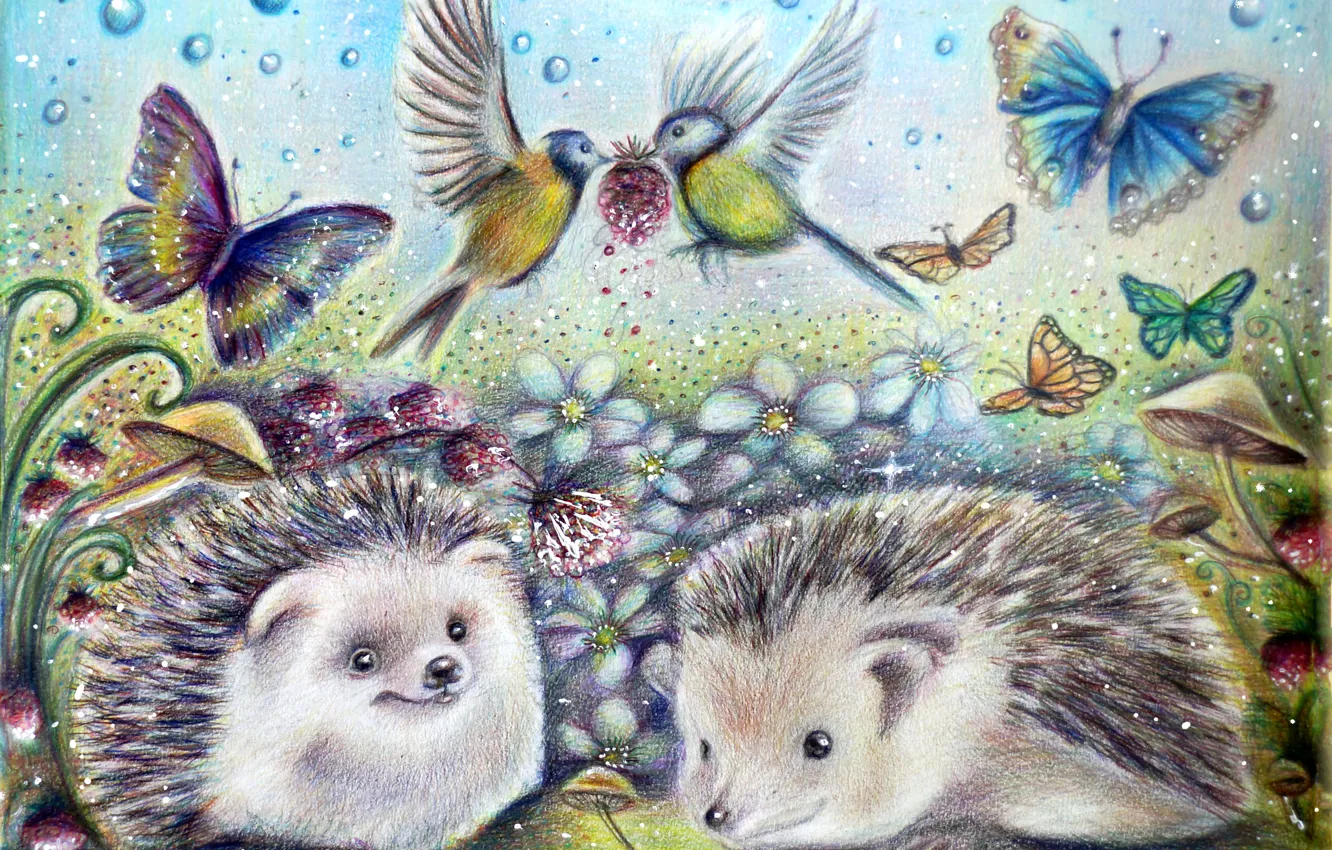 Photo wallpaper flowers, butterfly, mushrooms, art, hedgehog