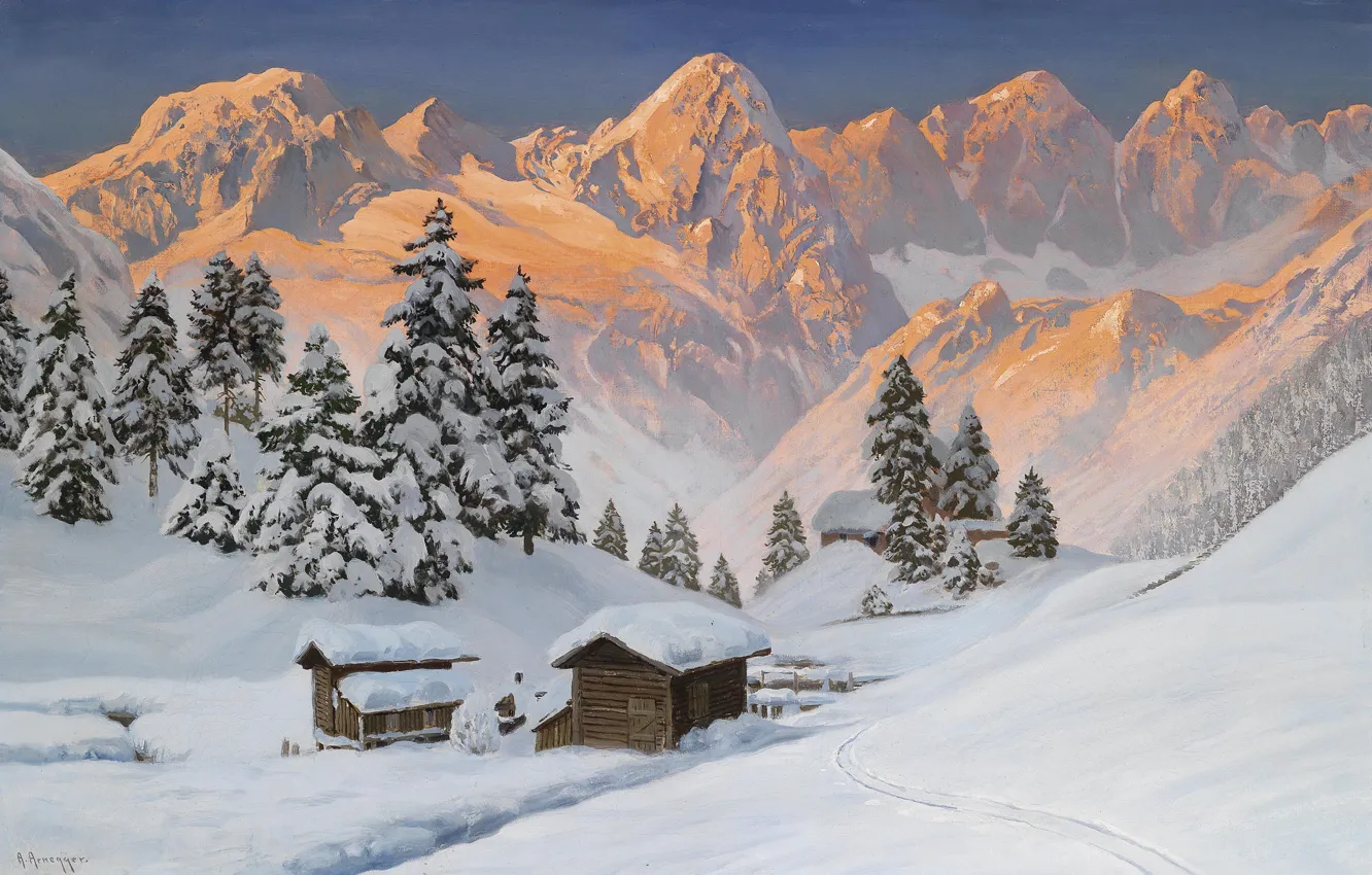 Photo wallpaper snow, landscape, mountains, tree, Alps, gold, Alois Arnegger, .Winter