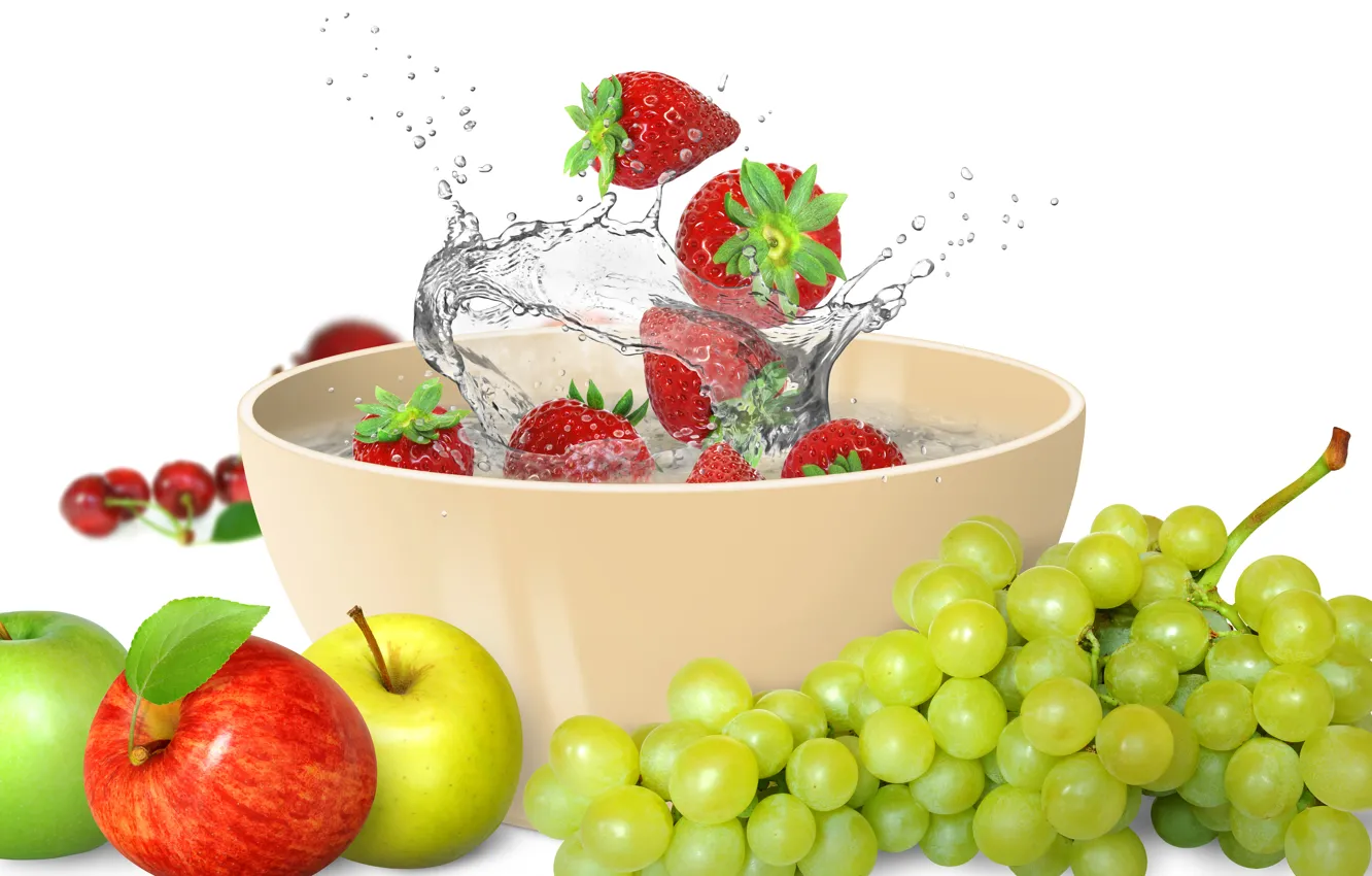 Photo wallpaper water, squirt, apples, strawberry, fruit, fresh, water, grape
