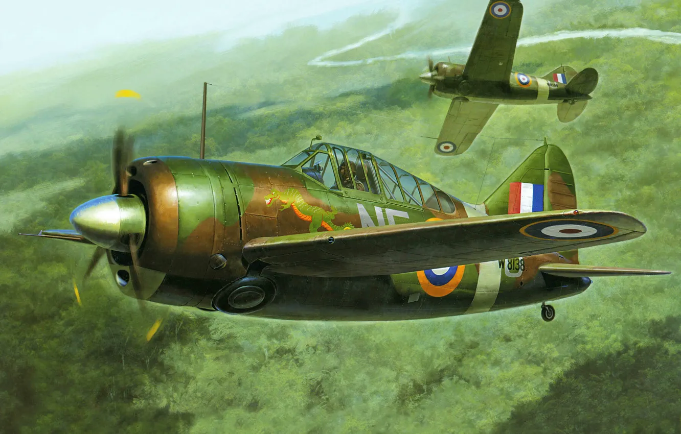 Photo wallpaper the plane, fighter, art, USA, Navy, deck, WW2., F2А Buffalo