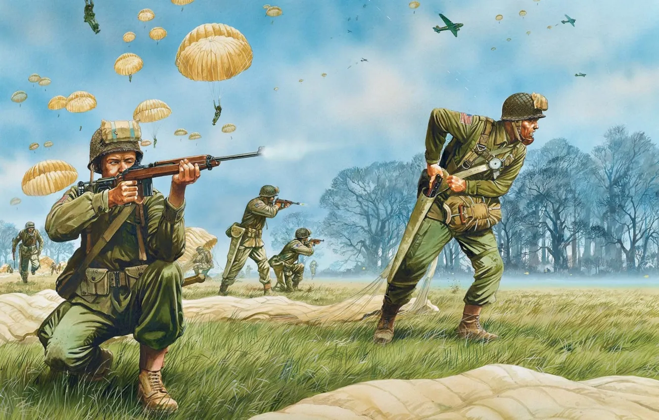 Photo wallpaper grass, trees, weapons, figure, art, soldiers, parachute, USA