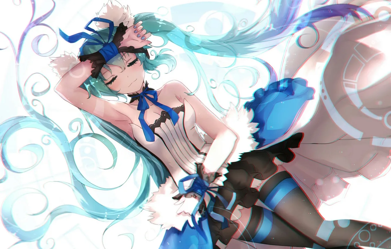 Photo wallpaper girl, smile, lies, vocaloid, hatsune miku, Vocaloid, art, ribbon