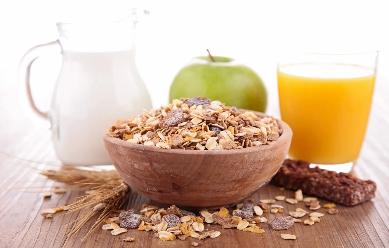 Photo wallpaper apples, milk, juice, cereal, raisins