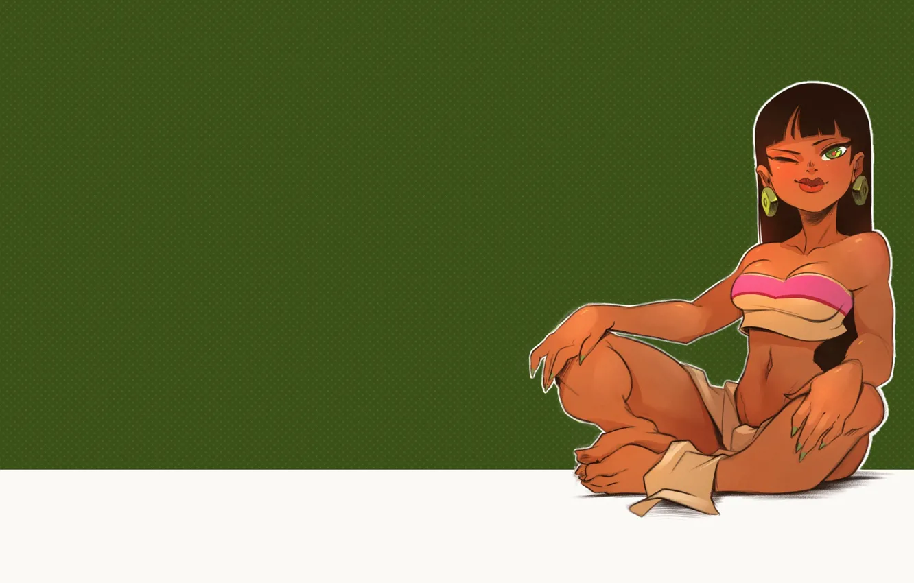 Photo wallpaper long hair, dark hair, thighs, Big boobs, bangs, looking at viewer, Chel, blunt bangs