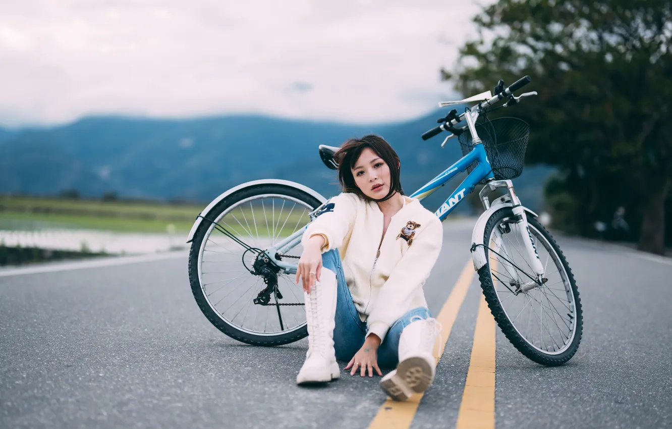 Photo wallpaper road, girl, bike