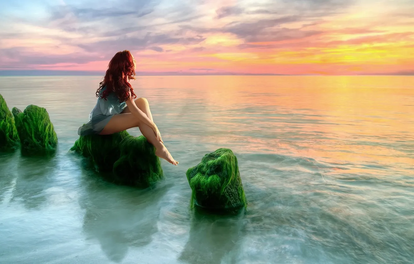 Photo wallpaper sea, girl, sunset