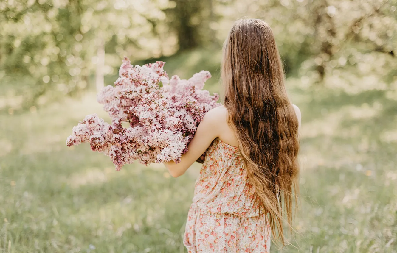 Photo wallpaper girl, nature, hair, back, spring, lilac, bokeh