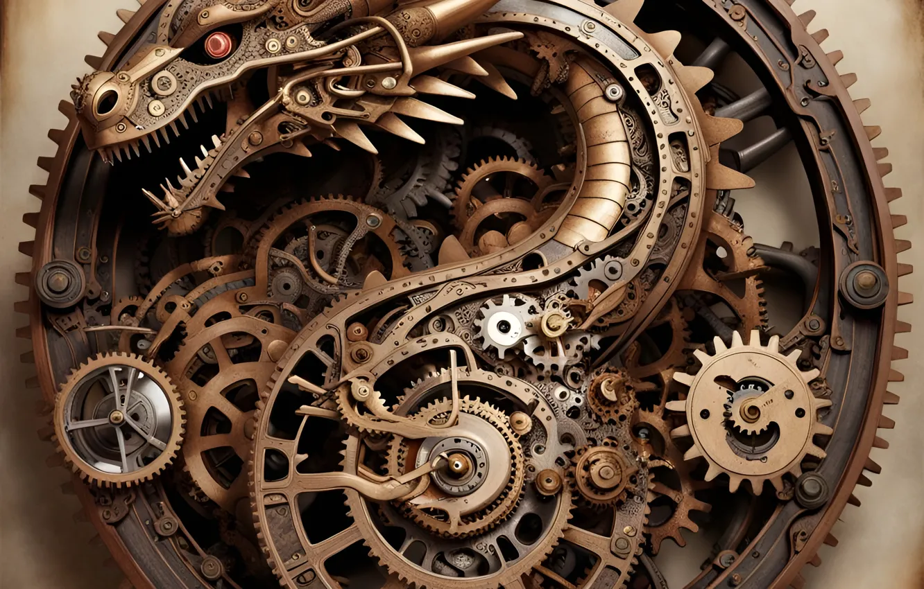 Photo wallpaper metal, dragon, mechanism, gear, steampunk, mechanical, symbol of the year, metal