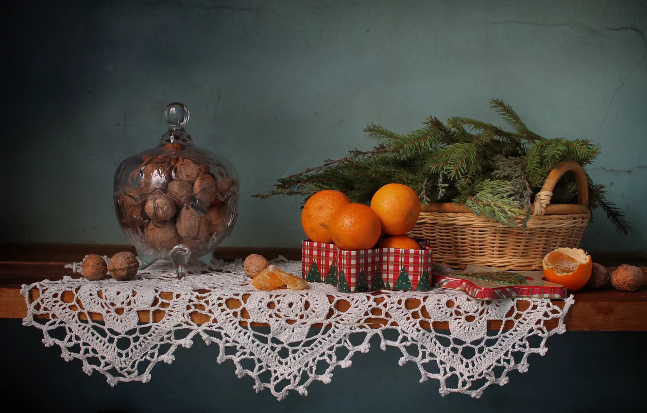 Photo wallpaper tree, new year, Christmas, shelf, nuts, still life, tangerines, November