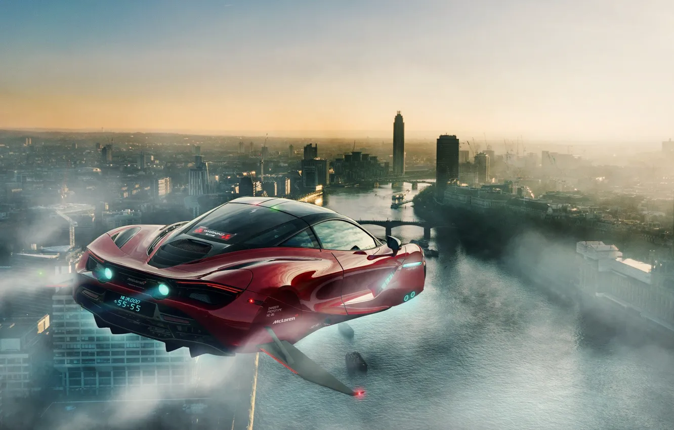 Photo wallpaper car, machine, auto, red, city, the city, future, fiction