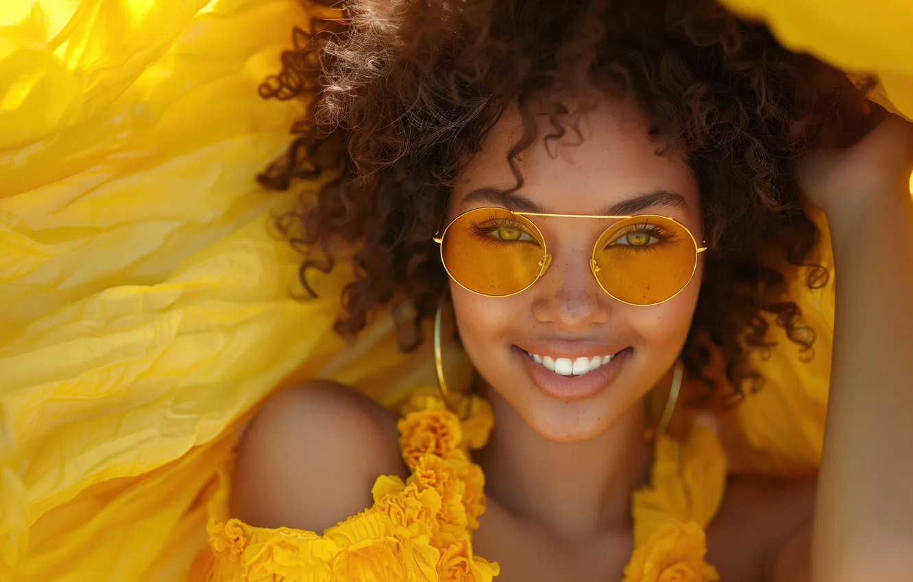 Photo wallpaper look, girl, face, portrait, black, yellow dress, AI art, neural network