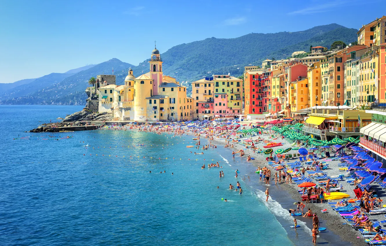 Photo wallpaper sea, beach, mountains, coast, home, Italy, Sunny, Camogli