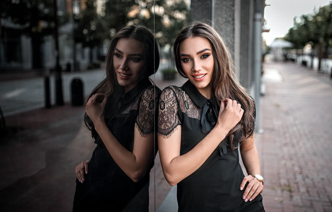 Photo wallpaper look, pose, reflection, street, building, portrait, makeup, dress