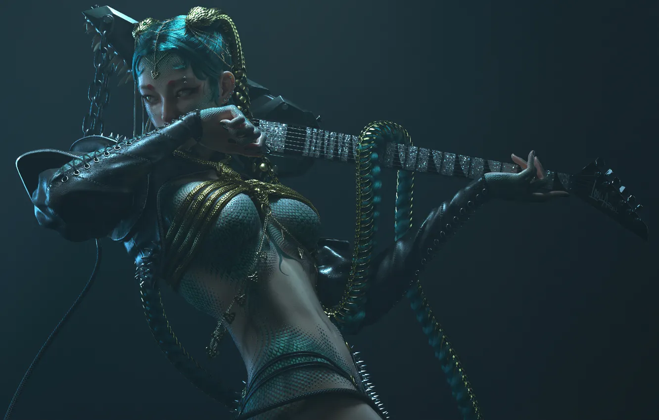 Photo wallpaper guitar, woman, art, artist, style hair, Lou LL