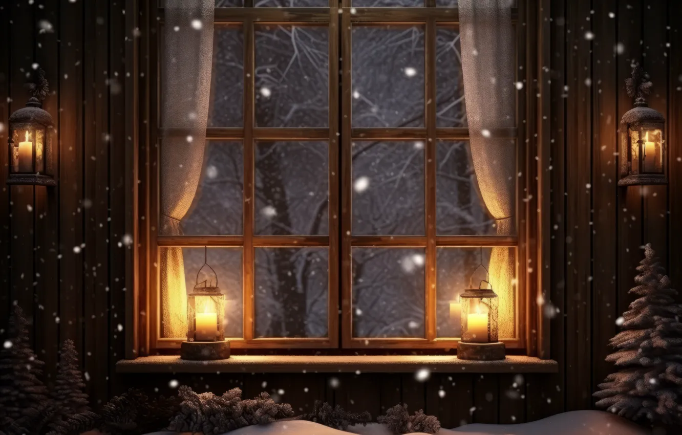 Photo wallpaper winter, light, snow, trees, branches, room, new year, interior