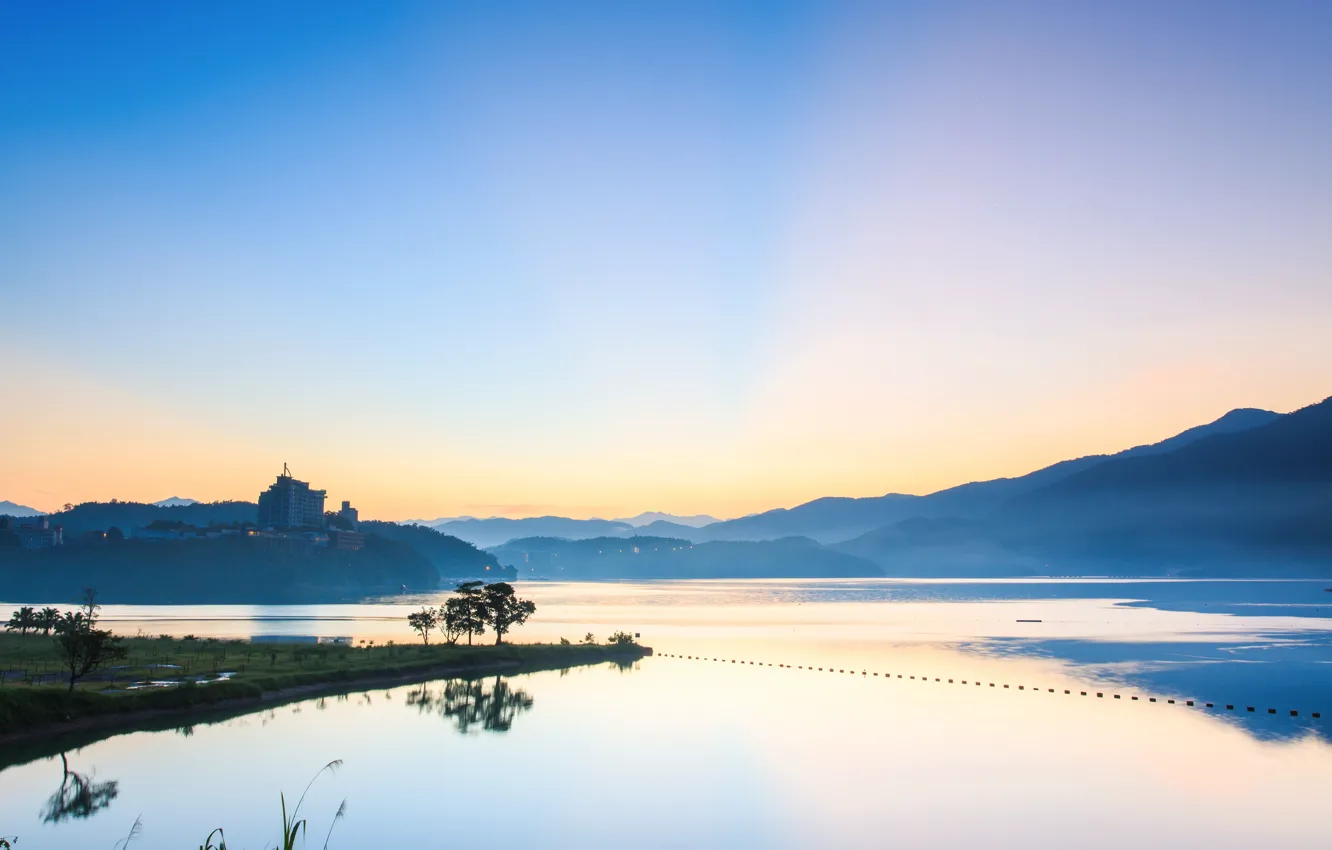 Photo wallpaper the sky, grass, water, clouds, trees, mountains, lights, the ocean