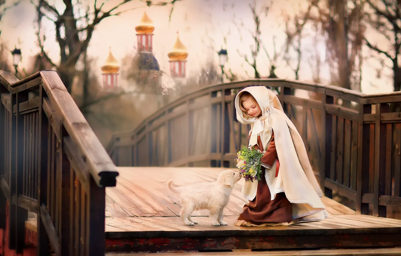 Photo wallpaper girl, Church, puppy, the bridge, child, dome, lady, Oksana Mitina